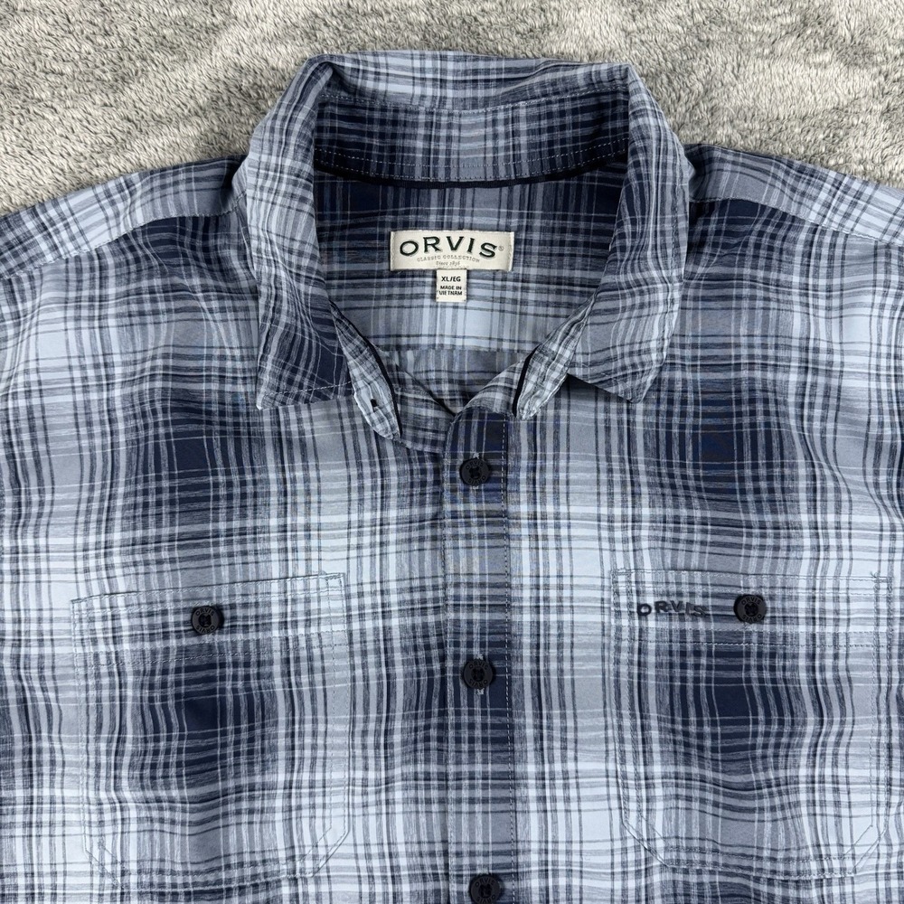Orvis Men's XL Blue Plaid Two Pocket Short Sleeve Button Down Shirt Outdoors